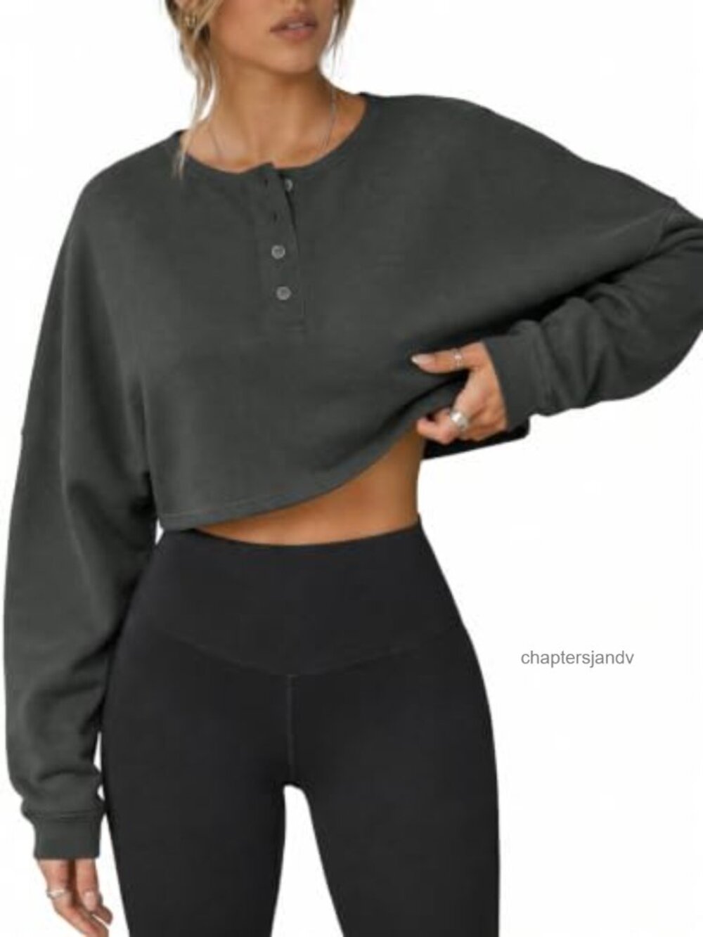 Oversized Cropped Long Sleeve Henley Sweatshirt Zip Up Pullover Top